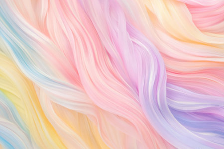 Soft, flowing pastel fabric creates gentle waves of color, blending harmoniously in shades of pink, blue, and yellow.の写真素材