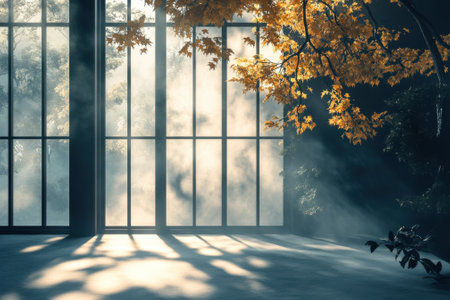 Sunlight shines through large windows, casting shadows on the floor amidst a misty atmosphere and autumn foliage.の写真素材