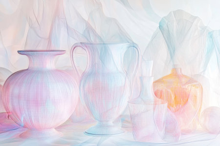 Soft pastel-colored glass vases create a harmonious and artistic composition in a serene setting.の写真素材