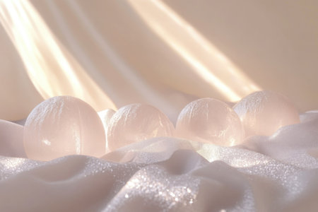 Translucent orbs are positioned on soft fabric, illuminated by warm sunlight creating a serene atmosphere.の写真素材