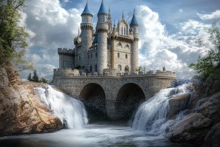 A grand castle sits on a rocky cliff with waterfalls flowing beneath, surrounded by vibrant trees and skies.の写真素材