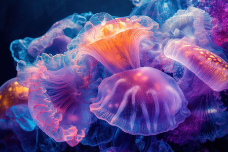 Ethereal jellyfish float among luminous colors in a deep-sea environment, showing nature's beauty.の写真素材