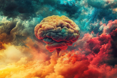 A surreal cloud resembling a brain floats amidst colorful, swirling clouds during sunset, creating a dreamy atmosphere.の写真素材