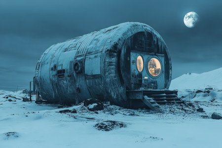 A round habitat stands in a snowy terrain, illuminated from within, under a bright full moon.の写真素材