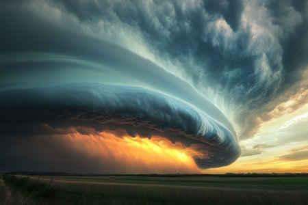 A captivating display of swirling storm clouds illuminates the horizon during sunset in a rural area.の写真素材