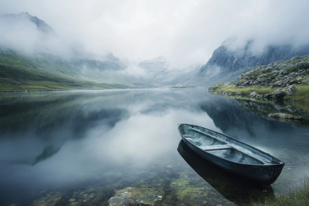 A solitary boat rests on the calm water of a lake surrounded by misty mountains in early morning light.の写真素材