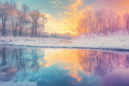 A serene winter sunset casts vibrant colors over a calm river, surrounded by snow-covered trees.の写真素材