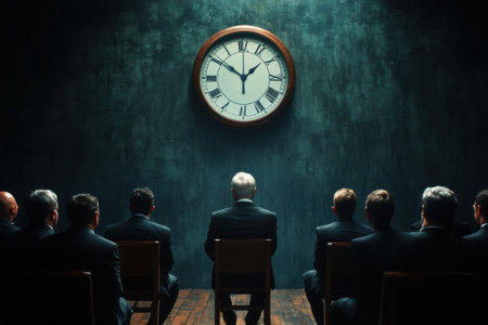 A group of men in suits face a prominent clock while engaged in a serious discussion about time management.の写真素材