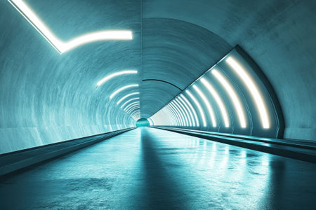 A modern tunnel features glowing blue lights along the curved walls and a polished floor reflecting the illumination.の写真素材