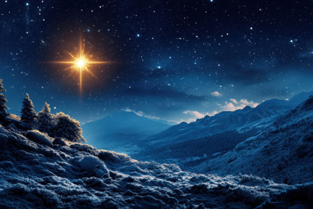 A bright star glows in the night sky above a tranquil, snow-covered mountain landscape.の写真素材