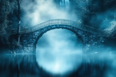 A serene stone bridge stretches across a calm, mist-covered river surrounded by lush trees at dawn.の写真素材