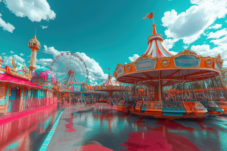 Crowds enjoy various rides at a vibrant amusement park under a bright blue sky filled with clouds.の写真素材