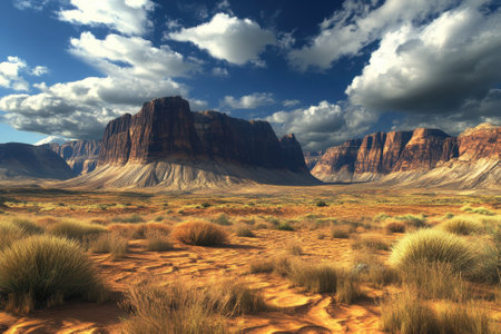 Vast, arid terrain showcases stunning cliffs beneath a cloudy sky, highlighting nature's beauty at twilight.の写真素材