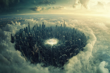 A vibrant skyline rises above the clouds during sunset, illuminated by a glowing central area revealing city life.の写真素材