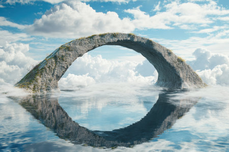 A stone arch stands amidst soft clouds and calm water, creating a serene and picturesque landscape.の写真素材