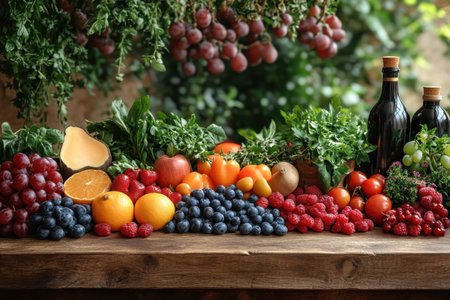 A colorful array of fresh fruits and veggies rests on a wooden table, framed by lush greenery.の写真素材