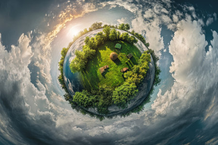 Aerial perspective showcases a lush green area with scattered huts, under a dynamic sky filled with clouds.の写真素材