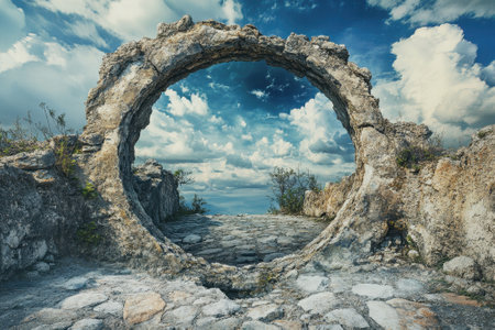 A circular stone structure reveals a vibrant sky filled with clouds above a rocky terrain, inviting exploration.の写真素材