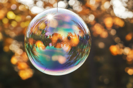 A large soap bubble captures the vibrant autumn colors and sunlight, creating a magical effect in the air.の写真素材
