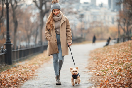 A woman strolls through a park with her small dog on a leash, surrounded by autumn leaves and tall buildings.の写真素材