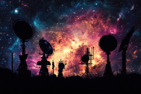 Radar dishes silhouette against a stunning cosmic backdrop filled with vibrant colors and stars.の写真素材