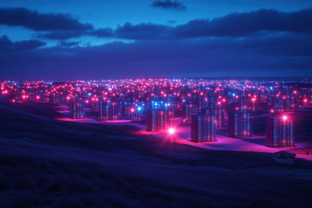 Towers glow in neon hues, creating a mesmerizing landscape under a twilight sky full of clouds.の写真素材