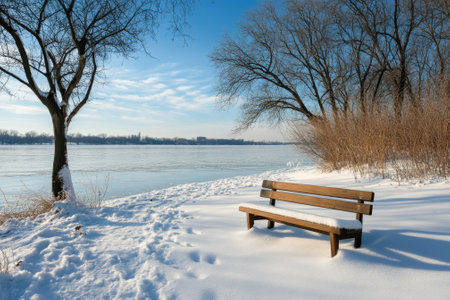 A serene winter setting features a wooden bench near a frozen river, surrounded by snow and bare trees.の写真素材