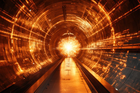 A radiant energy surge illuminates a high-tech tunnel, highlighting dynamic patterns and technology.の写真素材