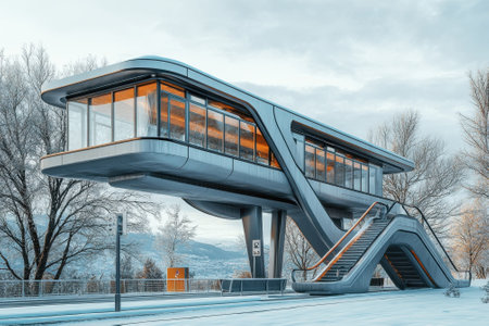 A futuristic transport station stands elegantly amidst a winter scene, featuring sleek lines and large glass panes.の写真素材