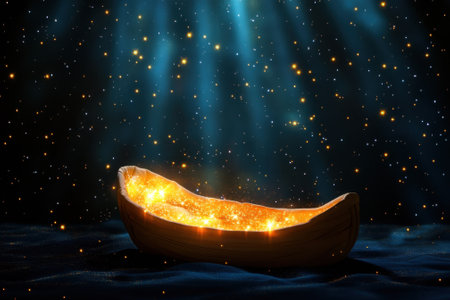 A wooden boat filled with shimmering light floats under a starry sky, creating a magical ambiance.の写真素材