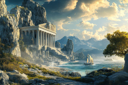 Breathtaking view of an ancient temple by a tranquil sea, with mountains and a sailboat nearby in golden light.の写真素材