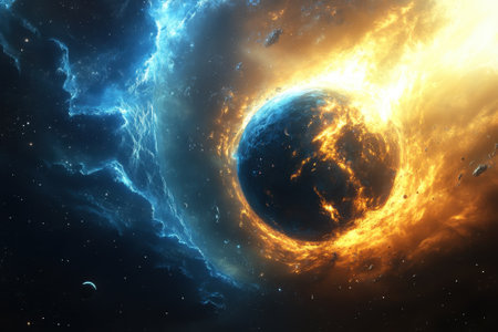 A vibrant planet with one half engulfed in flames and the other side covered in ice floats in the vastness of space.の写真素材