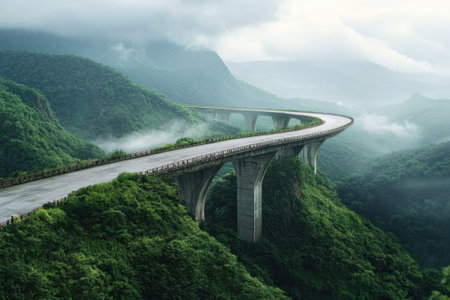 A highway bridge curves elegantly through mountainous terrain, surrounded by dense greenery and mist.の写真素材