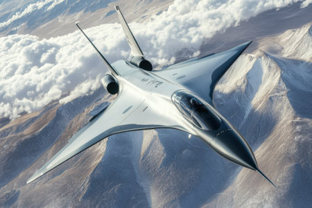 High-performance jet aircraft glides gracefully over rugged mountain terrain with wispy clouds below.の写真素材