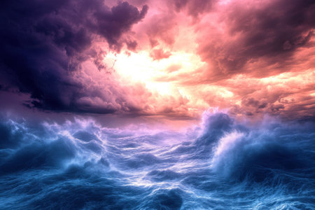 Waves crash against each other under a vivid sunset with swirling clouds filling the sky.の写真素材