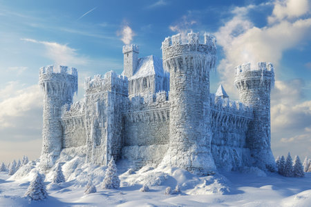 A stunning fortress built entirely from ice looms over a snowy landscape under a bright blue sky.の写真素材