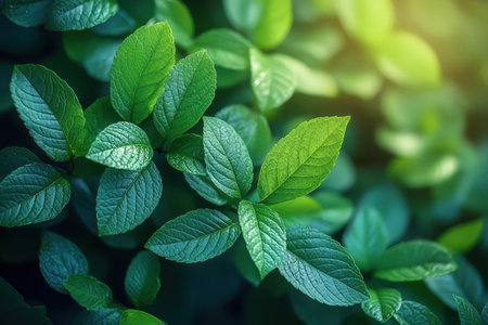A dense cluster of vibrant green leaves soaking up sunlight in a peaceful environment.の写真素材