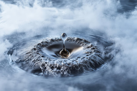 A single droplet of water splashes down, creating ripples in a smoky, mist-filled surface.の写真素材