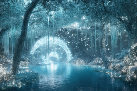 Glowing lights fill a tranquil forest setting while a still river reflects the beauty at dusk.の写真素材