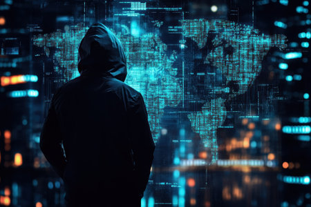 A cloaked figure stands in front of a glowing digital world map, immersed in technology and data.の写真素材
