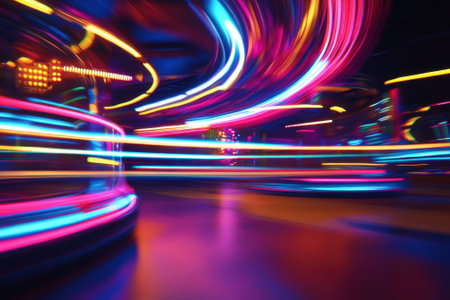Swirling neon lights illuminate a vibrant amusement park attraction as riders enjoy their thrilling experience.の写真素材