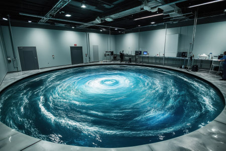 This innovative pool design resembles a whirlpool, capturing the imagination in a contemporary indoor space.の写真素材