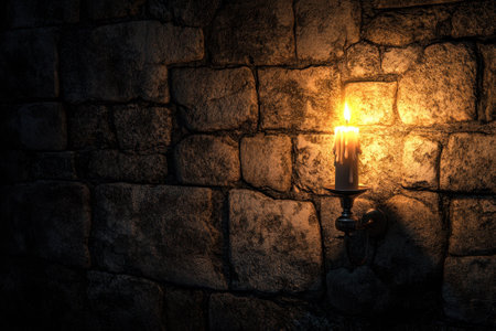 A flickering candle casts a warm glow against a textured stone wall, highlighting its aged features.の写真素材