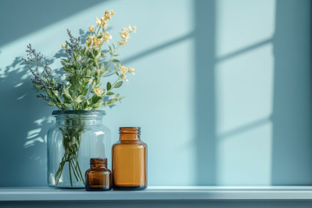 Amber glass bottles sit next to a vase filled with vibrant wildflowers on a sunlit shelf.の写真素材