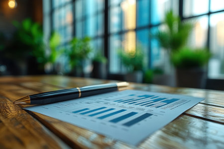 A detailed report lies on a wooden table with a pen beside it, showcasing bars and graphs in an office space.の写真素材