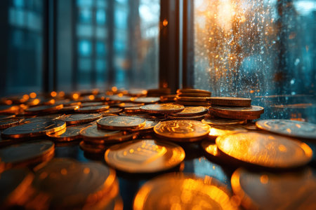 Warm sunlight reflects off scattered coins on a glass surface at sunset.の写真素材