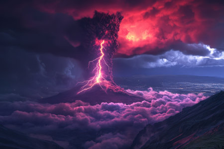 A powerful volcanic eruption occurs at night, sending ash clouds high into the atmosphere while lightning strikes.の写真素材