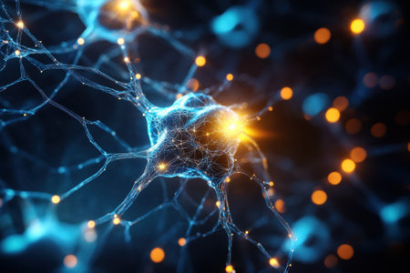 Colorful neurons are interconnected, showing brain activity and communication in a dynamic network.の写真素材