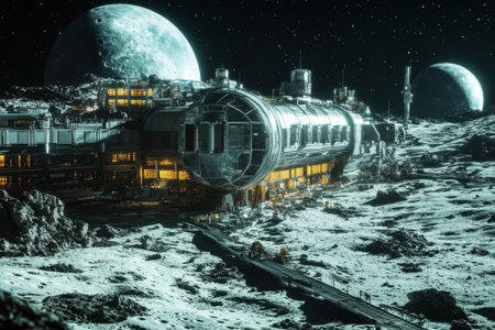 A futuristic spaceship is stationed on a gray, rocky lunar surface under a starry sky, with two moons visible above.の写真素材