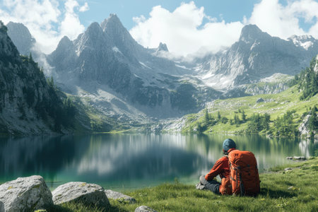 A hiker sits peacefully by a calm lake, taking in the breathtaking mountain landscape during morning hours.の写真素材